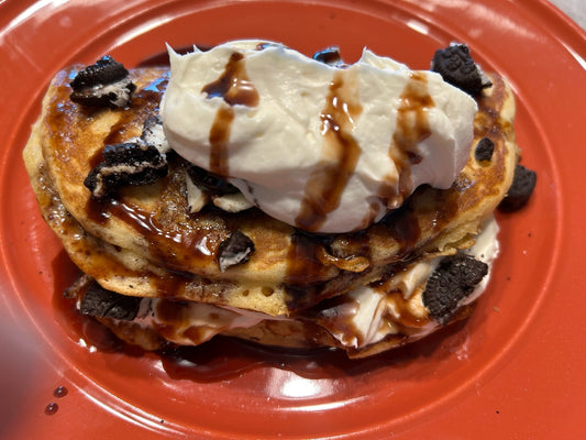 Oreo Chip Cheesecake Pancakes with Chocolate Cherry Maple Syrup