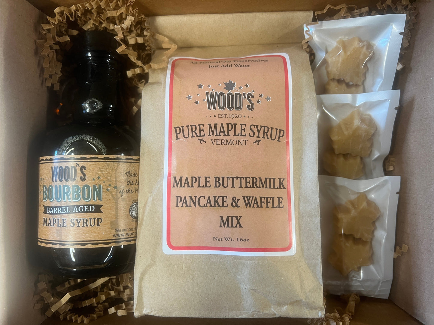 Bourbon Barrel Aged syrup, 3 maple candies, pancake mix Box