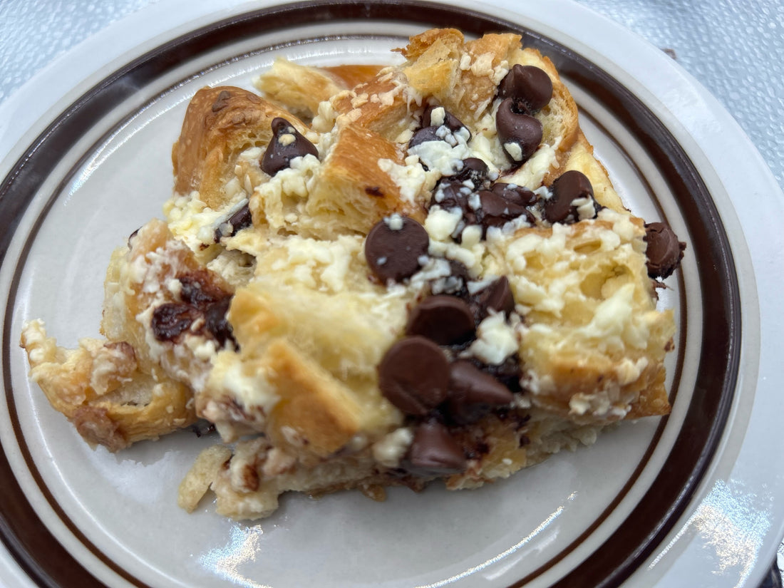 Chocolate Chip Croissant Casserole Bake with Maple Syrup (Easy Overnight Brunch)