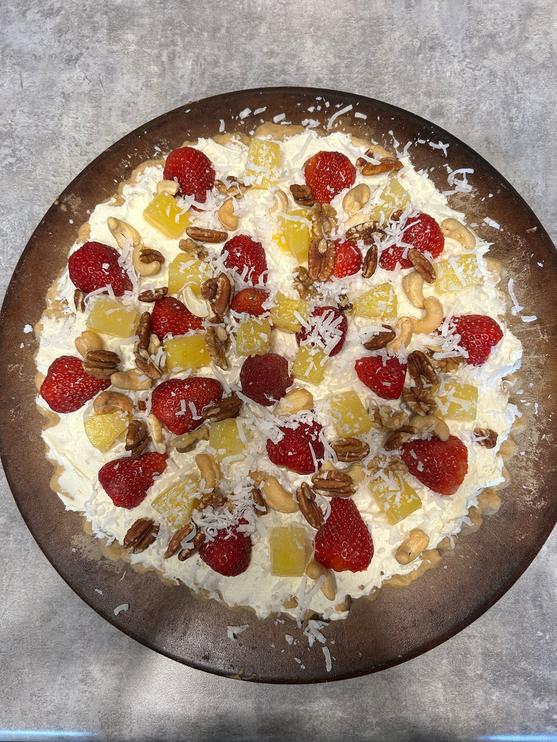 Maple Syrup-infused Cream Cheese Pizza Tart topped with Seasonal Fruits and Nuts